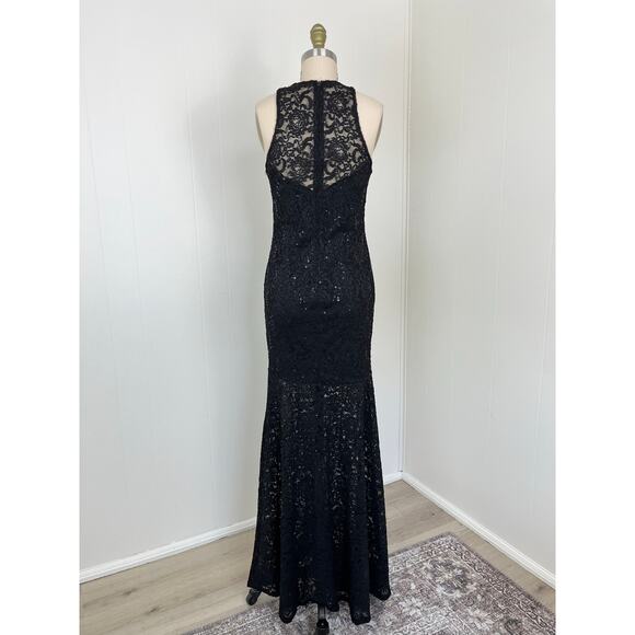 Vintage 90s Y2K Black Lace Maxi Dress Gown Medium Beaded Rhinestone Mermaid Hem - Picture 8 of 16